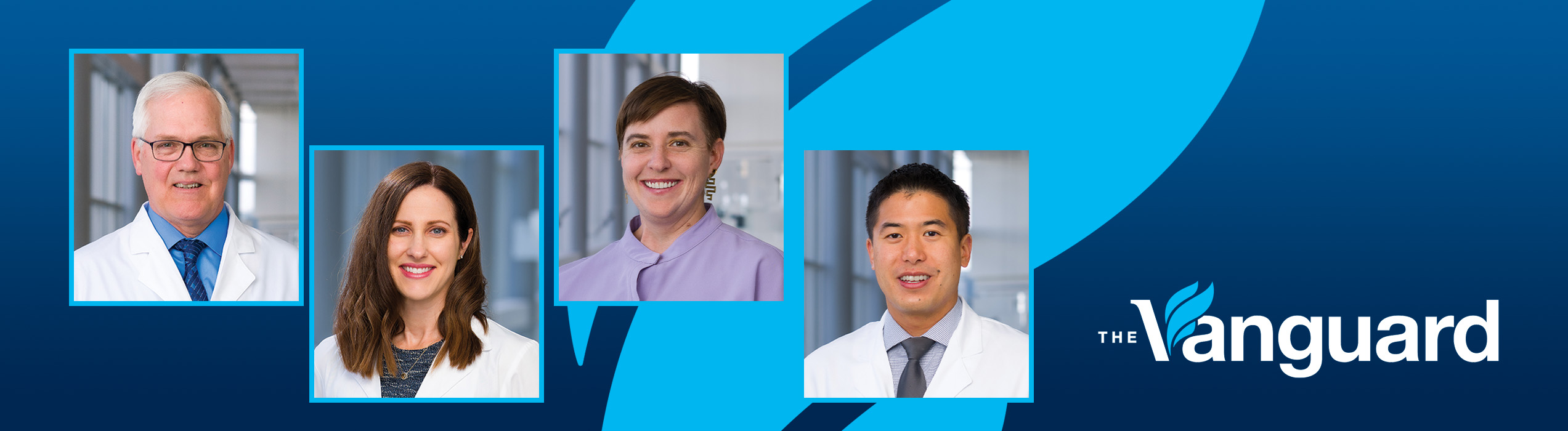 Banner featuring portraits of four UT Southwestern physicians and researchers alongside The Vanguard logo on a blue graphic background.