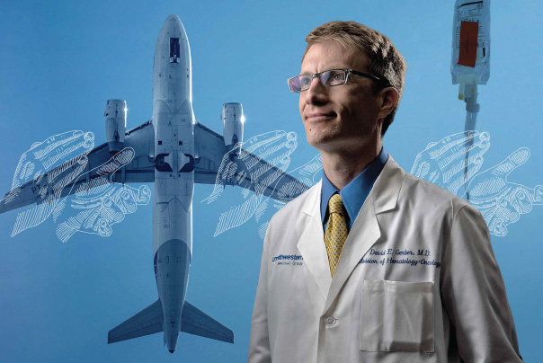 David Gerber, M.D. on a blue background with a plane and I.V. bag