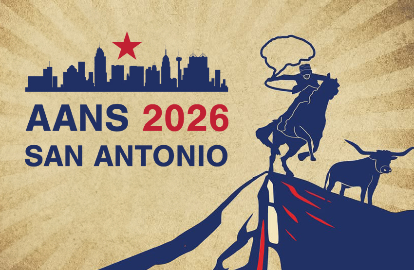 A stylized graphic of a doctor in scrubs lassoing a bull with the text' AANS 2026 San Antonio' in text
