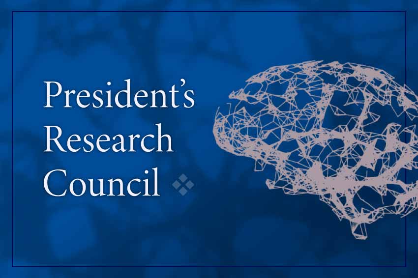 Blue background with the words President's Research Council and an illustration of a vector map representing blood vessels in the brain.