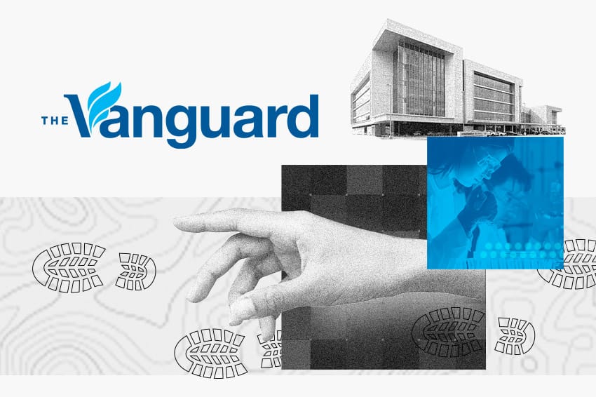 A collage of images including drawings of boot prints and an outstretched human hand together with photos of lab researchers interacting with scientific equipment. Overlaid on the photos is the logo for The Vanguard.