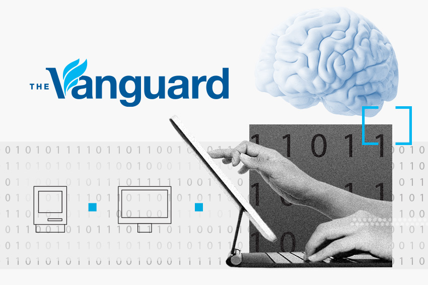 A collage of images including computer code, two brains, and hands using a computer. Overlaid on the photos is the logo for The Vanguard.