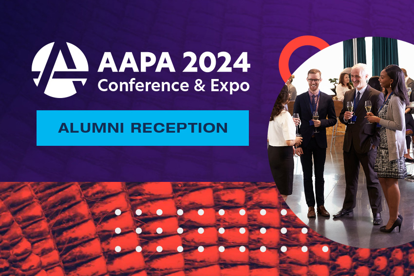 AAPA 2024 Conference logo with banner saying Alumni Reception. There is a group of well-dressed attendees enjoying conversation.