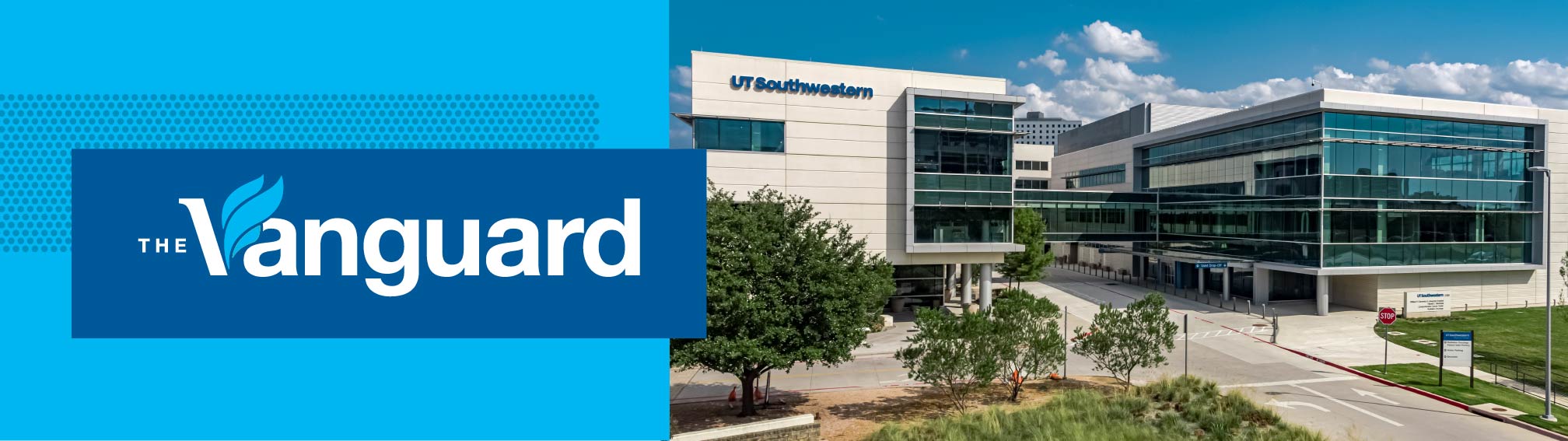 The UT Southwestern Medical Center Radiation Oncology Building. Overlaid on the photo is the logo for The Vanguard.