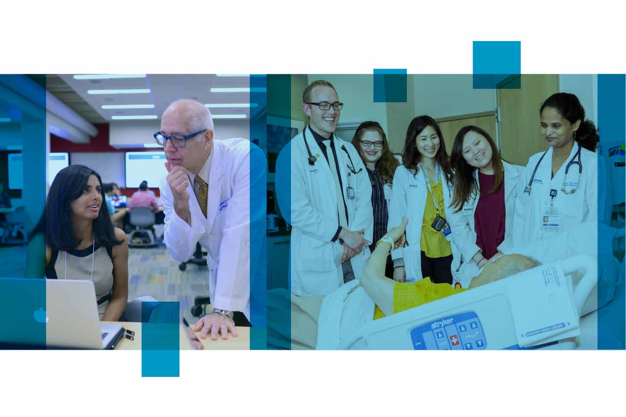 Photo collage showing UT Southwestern students in class and interacting with patients