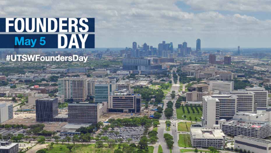 Photo of the Dallas skyline overlaid with the Founders Day logo