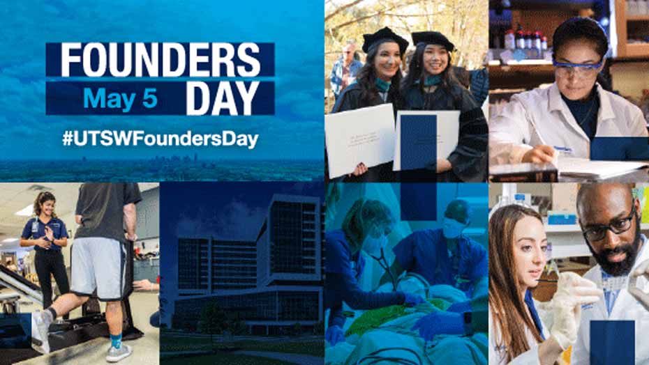 Collage of students and researchers with the Founders Day logo