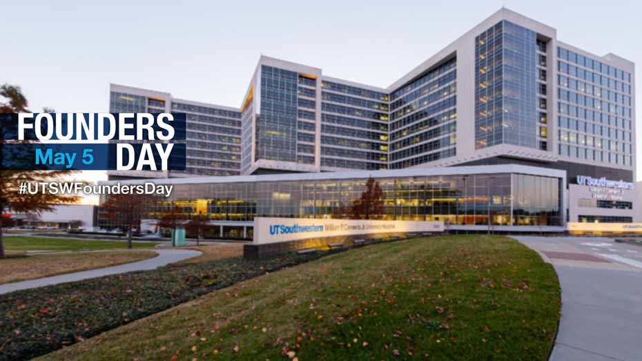 Photo of William P. Clements Jr. Hospital overlaid with the Founders Day logo