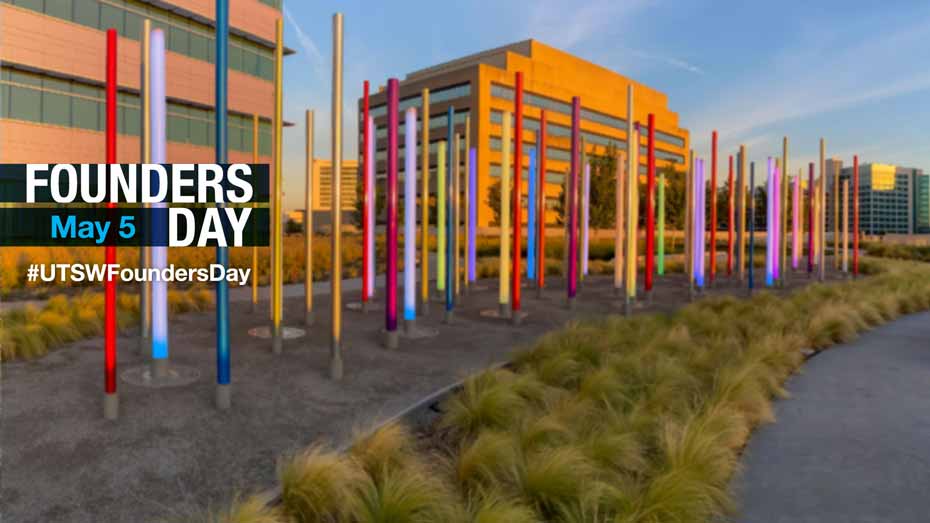 Photo of rows of multi-colored rods in a garden setting overlaid with the Founders Day logo