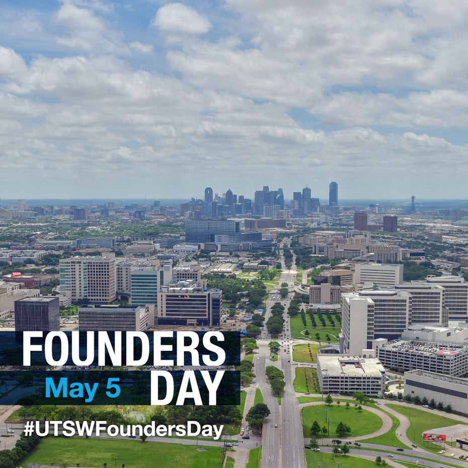 Photo of Dallas skyline overlaid with the Founders Day logo