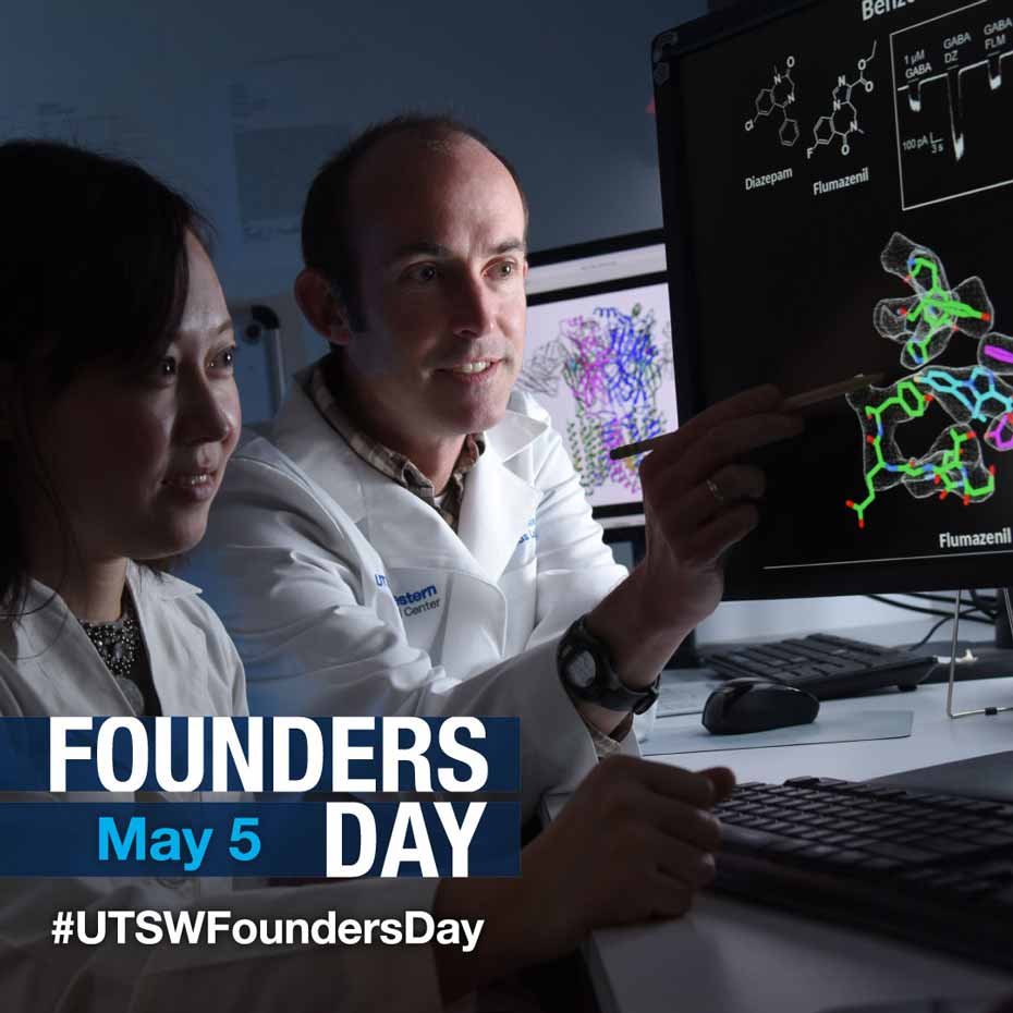 Photo of researchers looking at a medical visualization overlaid with the Founders Day logo