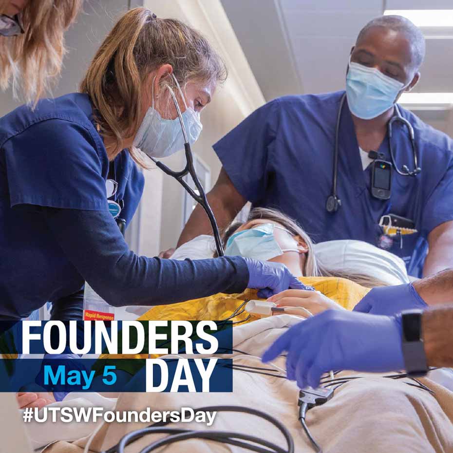 Photo of health care professionals treating a patient on a stretcher overlaid with the Founders Day logo