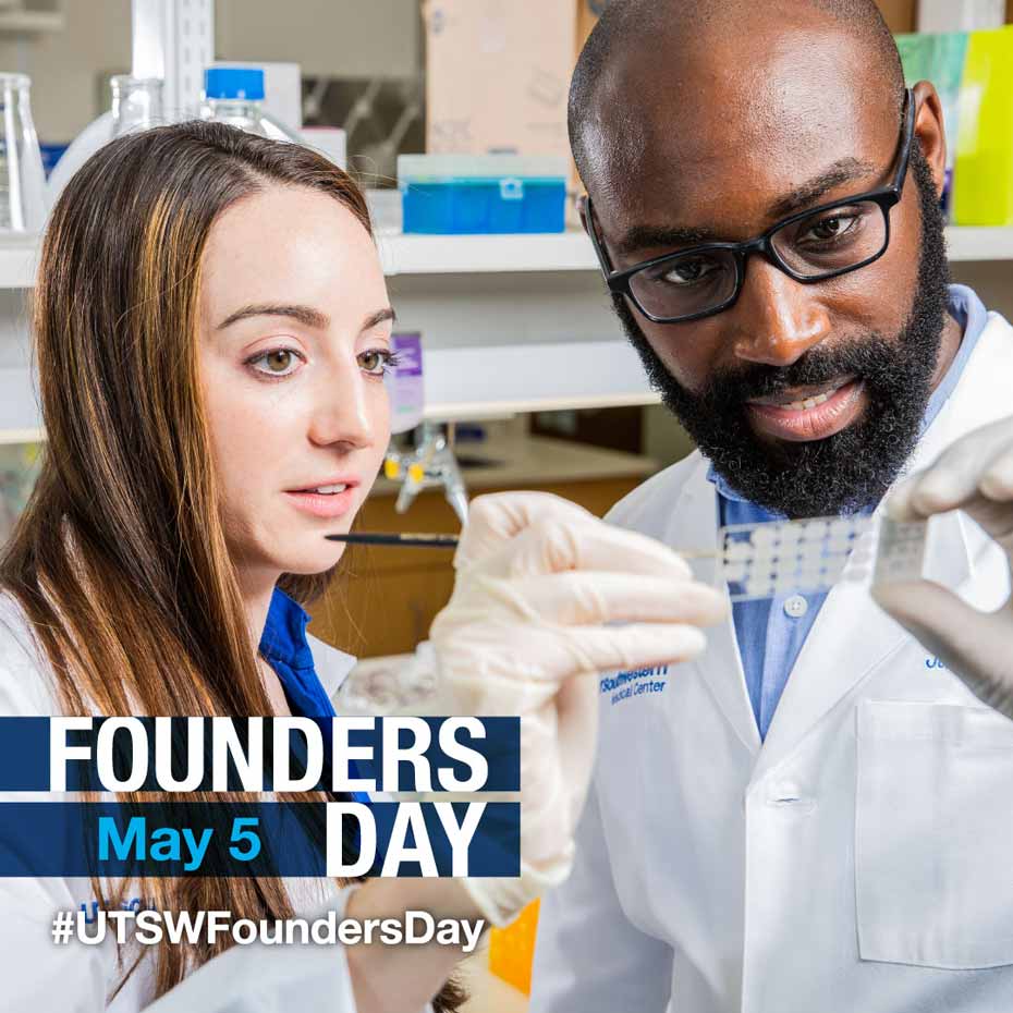 Photo of laboratory researchers looking at a microscope slide overlaid with the Founders Day logo