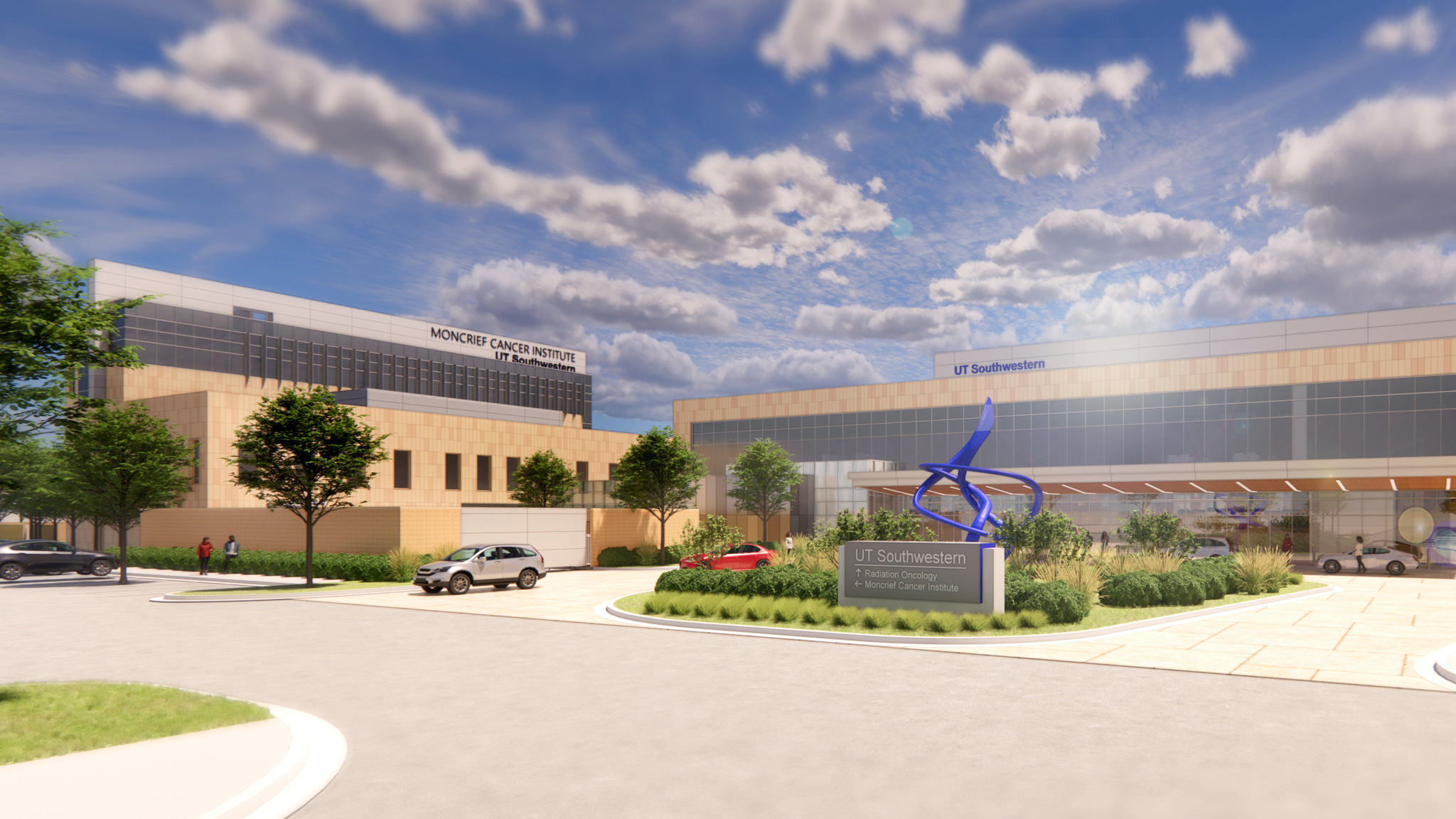 Concept art of the UT Southwestern two-story Radiation Oncology facility adjacent to the Moncrief Cancer Institute in Fort Worth.