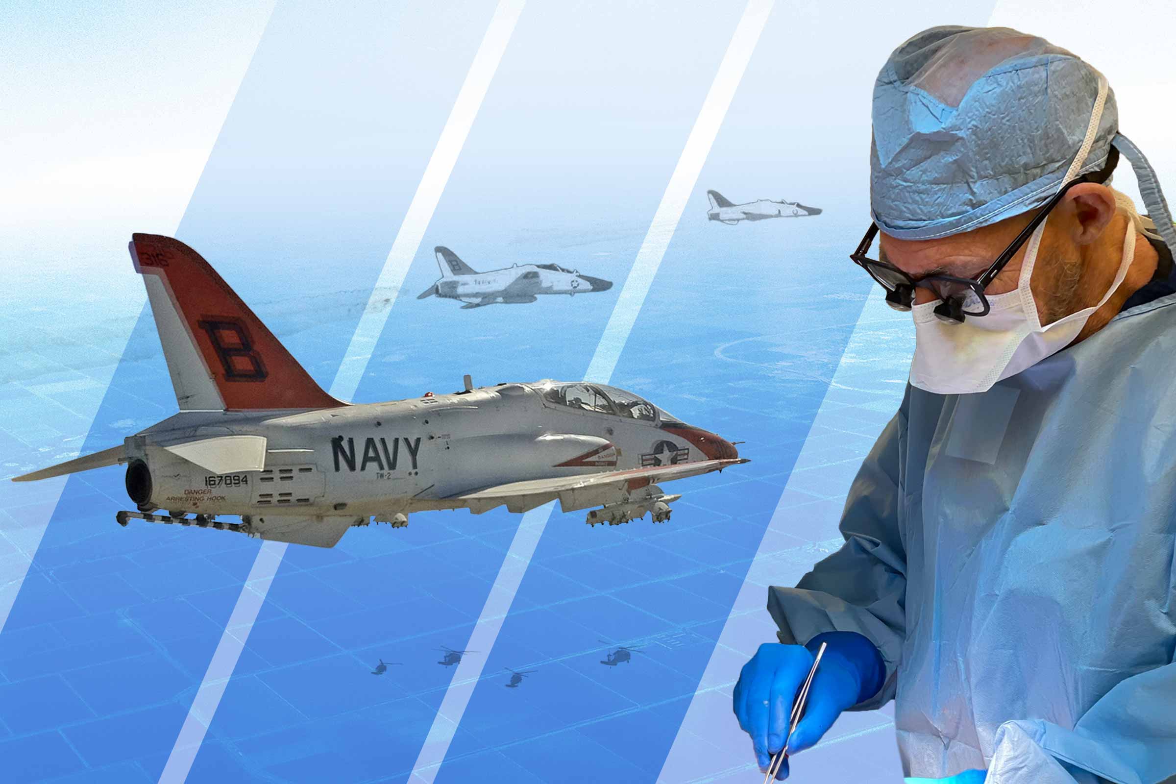 Photo collage of military tactical jets and helicopters with an image of Dr. James Thorton performing a surgical procedure in an operating room