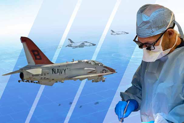 Photo collage of military tactical jets and helicopters with an image of Dr. James Thorton performing a surgical procedure in an operating room