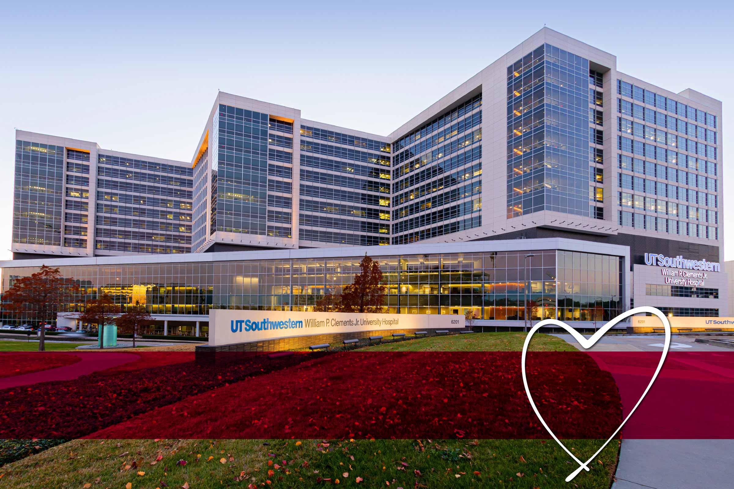 Photo of Clements University Hospital overlaid with a hand drawn heart
