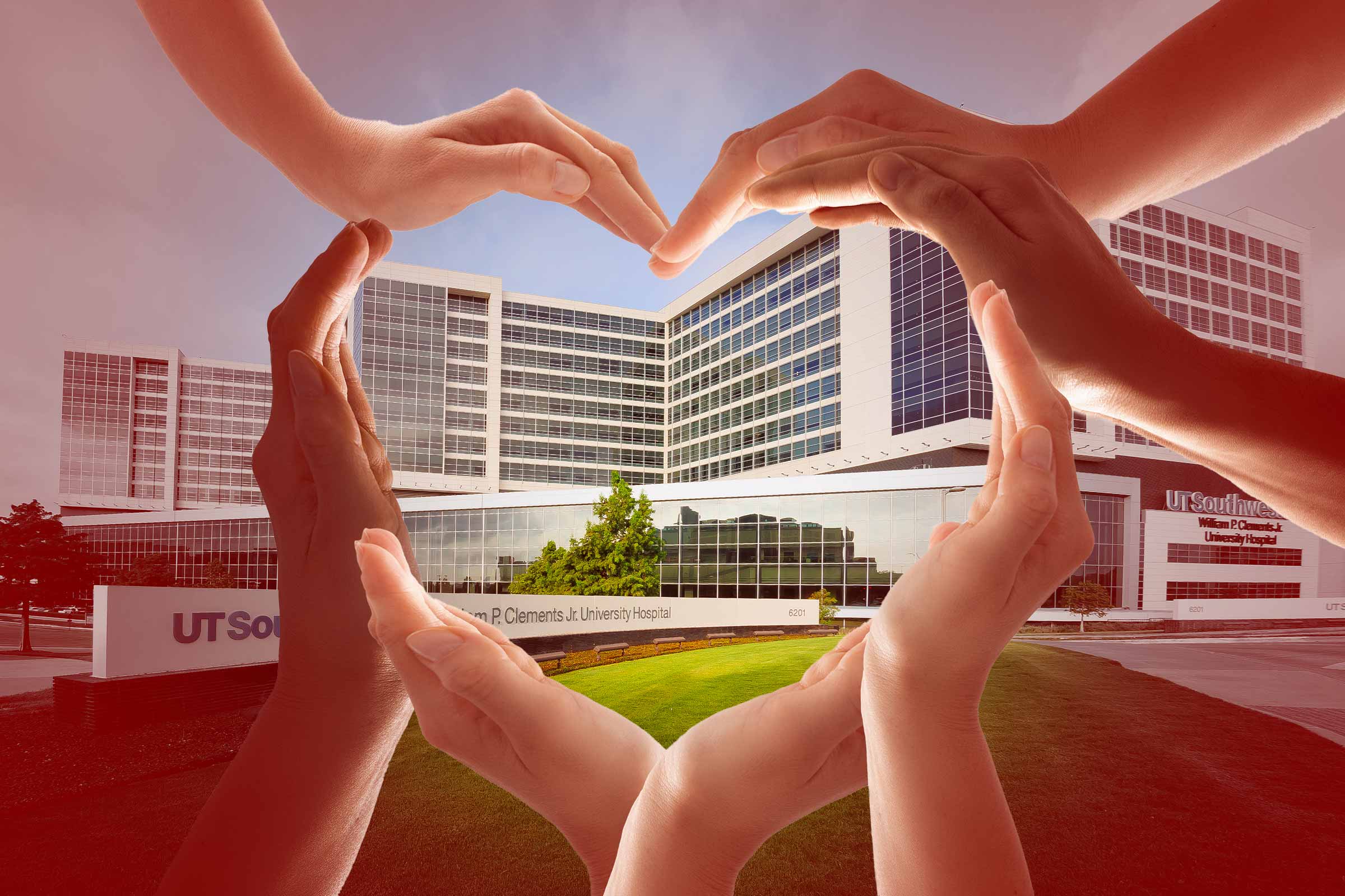 Image of multiple peoples hands arranged in the shape of a heart in front of a photo of William P. Clements Jr. University Hospital.