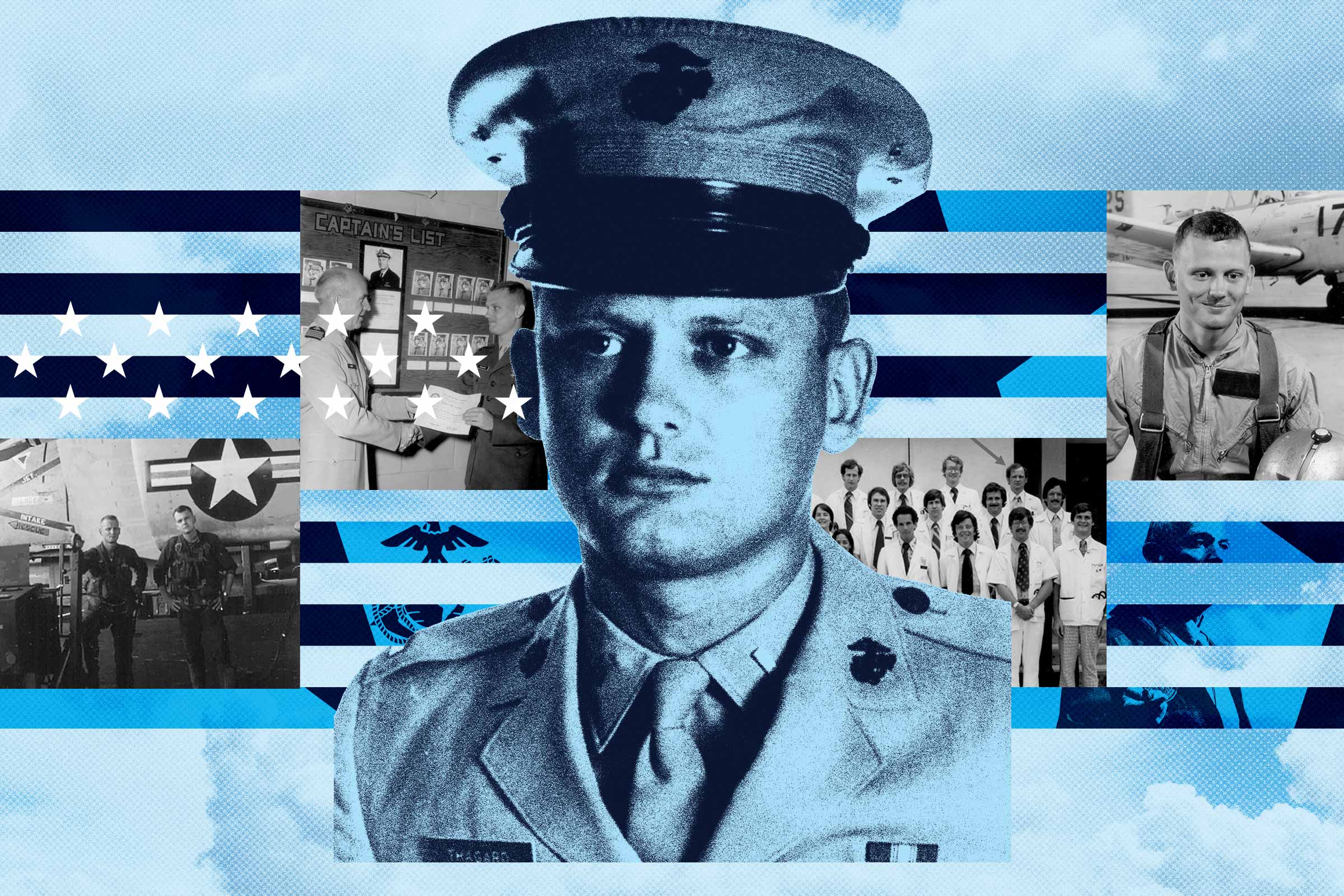Photo collage of historical photos of Norman Thagard, M.D., serving in the Vietnam War as a fighter pilot and on space missions as a NASA astronaut. The collage is overlaid with images of stars and stripes with a large photo of Dr. Thagard dressed in his U.S. Marines uniform as a young man.