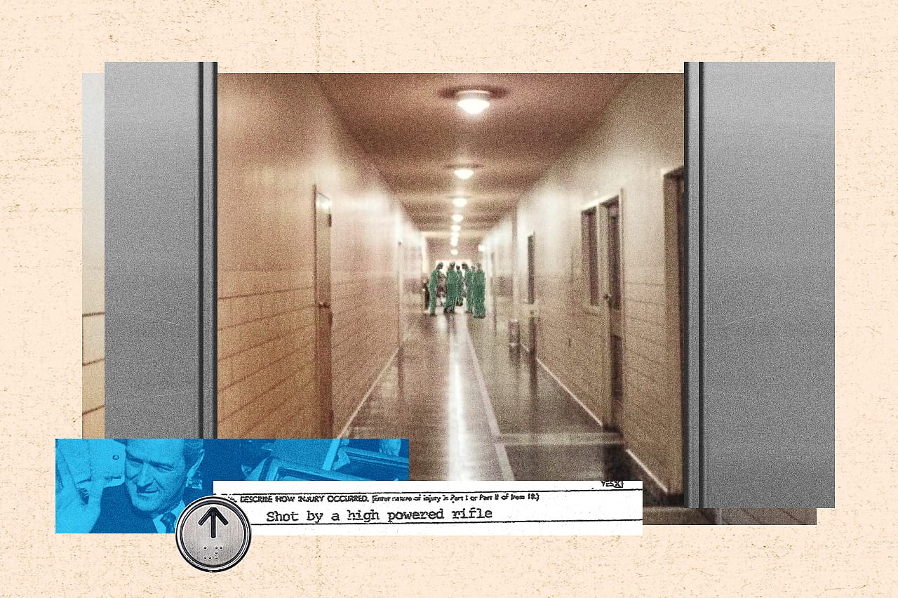 A collage of images show stainless steel elevator doors opening onto a long white-tiled hallway at Parkland Memorial Hospital. At the end of the hallway are surgeons wearing surgery gowns and masks. Overlaid on the images are a photo of Texas Gov. John Connally waving from the Presidential limousine, an elevator button pointing up, and an excerpt from the death certificate describing how the injury occurred.