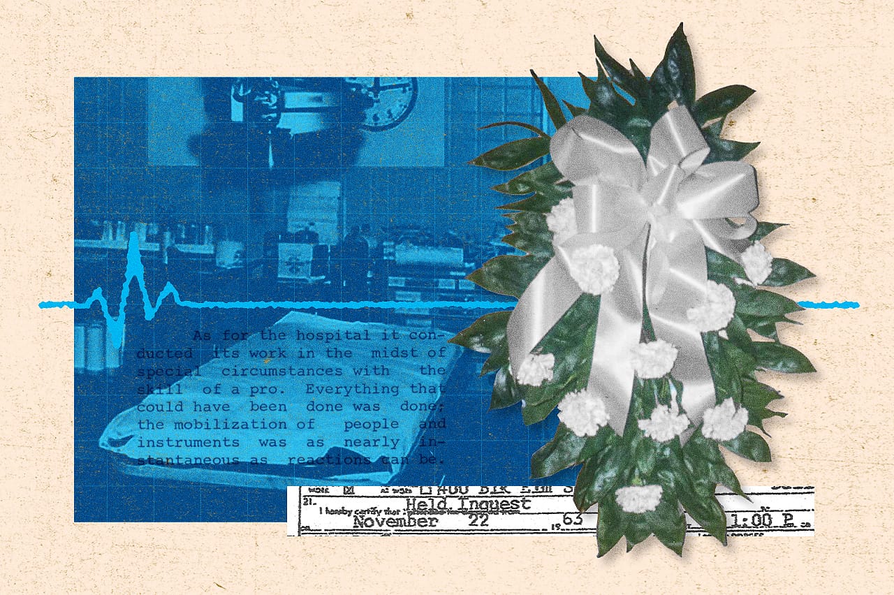 A photo of a guerney in Trauma Room 1, where the President was attended at Parkland Memorial Hospital is overlaid with a collage of images including a EKG signal turning into a flatline, the memorial swag of white carnations tied with a white satin bow that was hung on the door to Trauma Room 1, and an excerpt from the President's death certificate that shows the time of death.