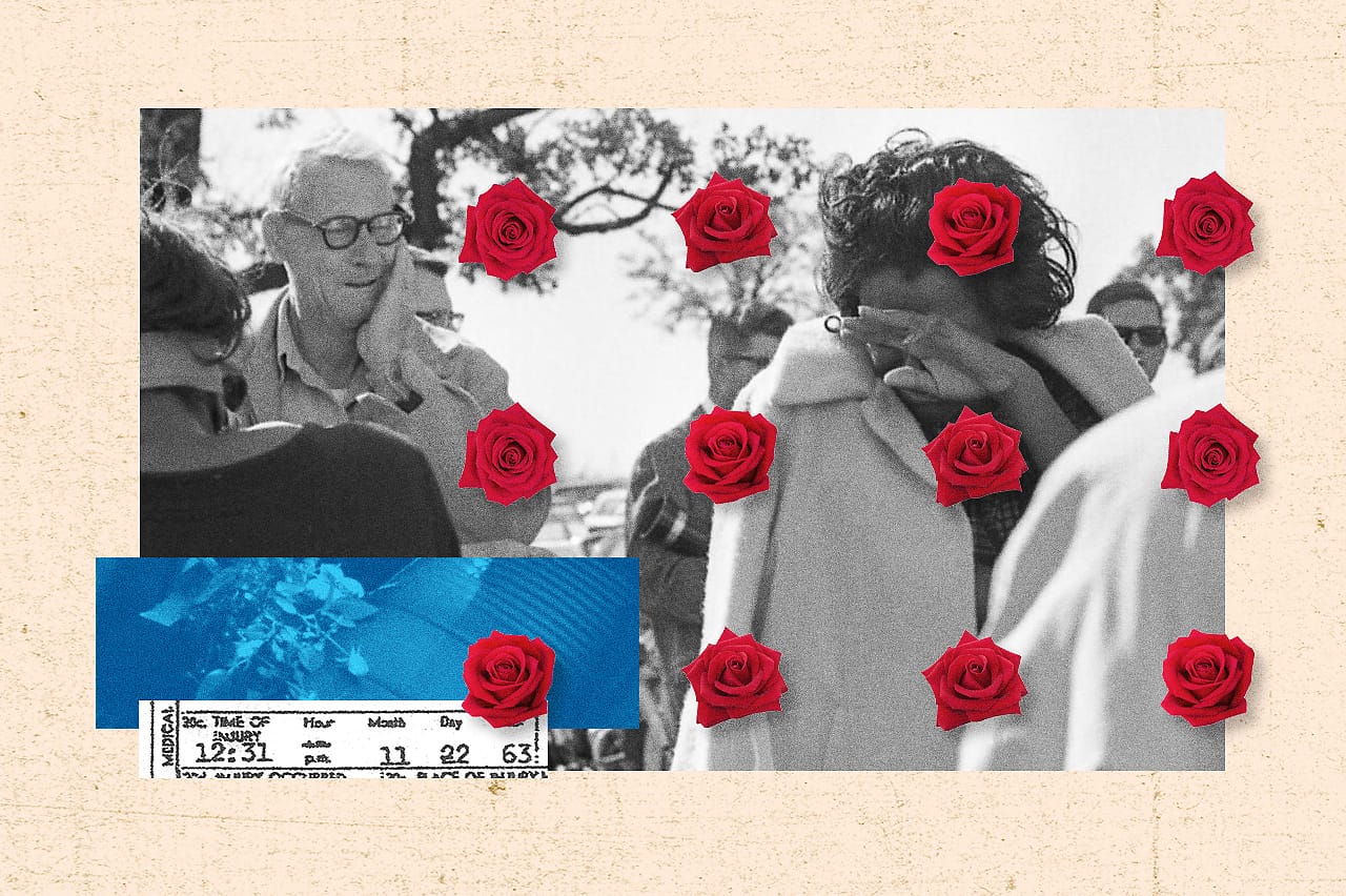 A screenshot of a video showing bystanders crying is overlaid with an image of the back seat of the Presidential limousine where roses are scattered and an excerpt from the death certificate showing the time of injury. Over the collage is a grid of red roses.