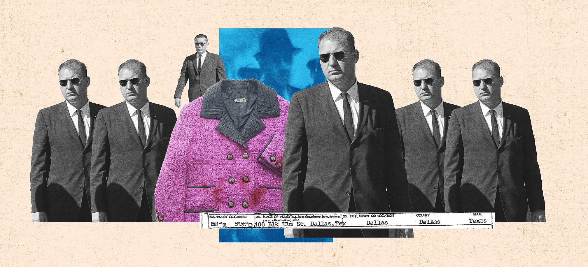 Photos of Secret Service agents wearing dark suits and sunglassess are repeated across a collage of photos that include a photo of the pink Chanel suit Jacqueline Kennedy was wearing when the President was shot and a photo of a man wearing a dark suit and hat.