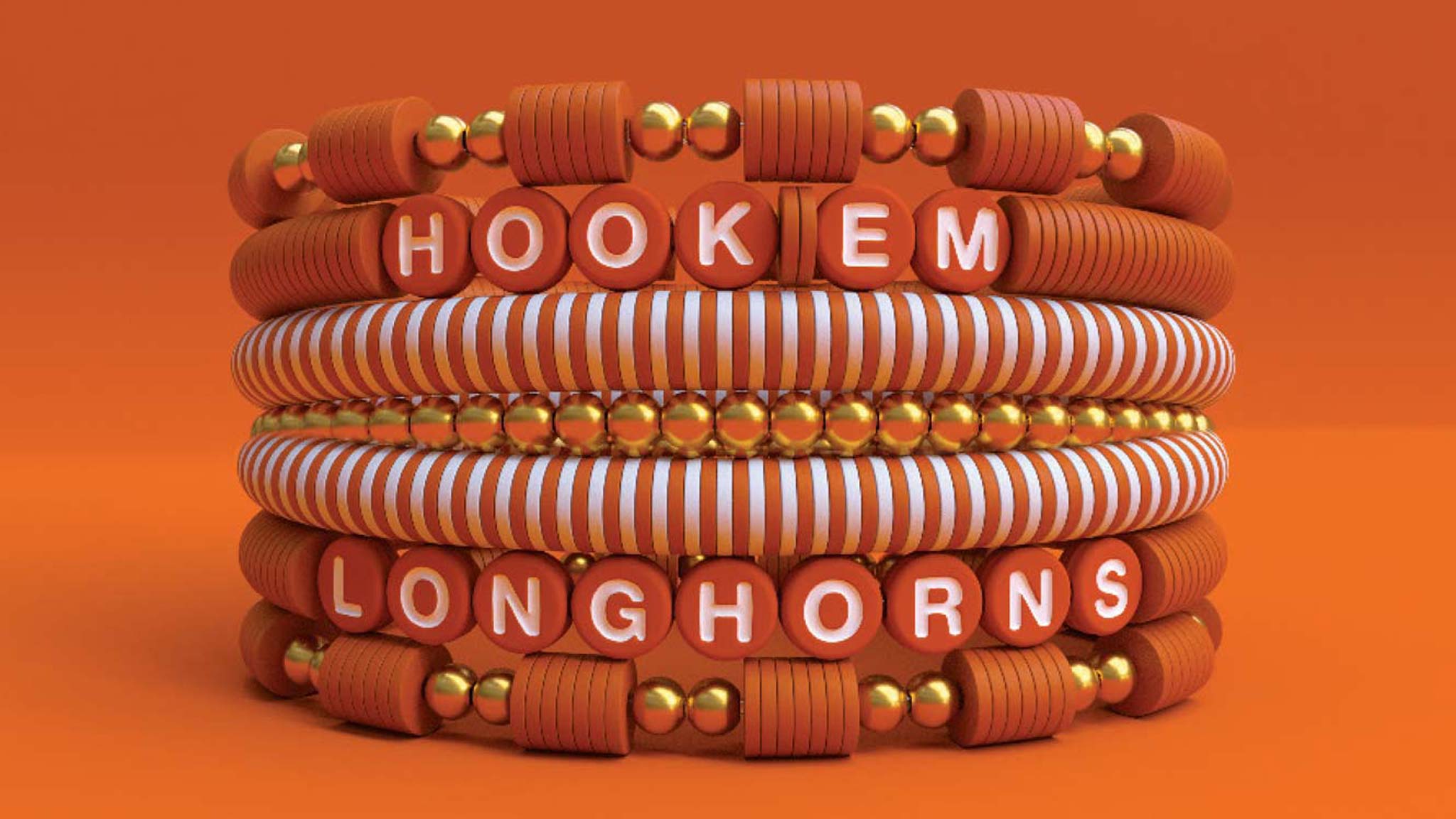 Stacked friendship bracelets that read 'Hook 'em' and 'Longhorns'.