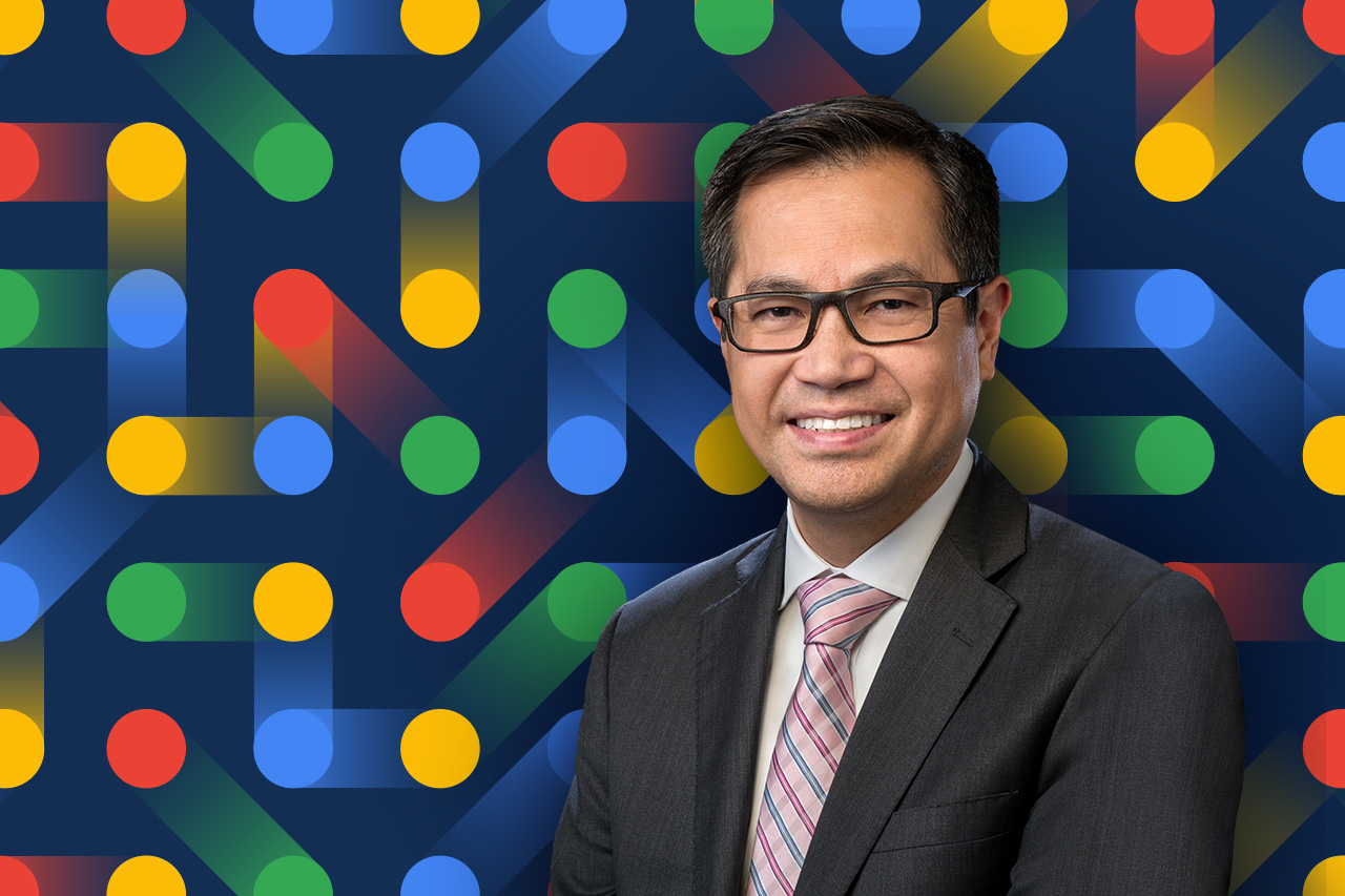 Von Nguyen with a background of small circles styled with Google's brand colors