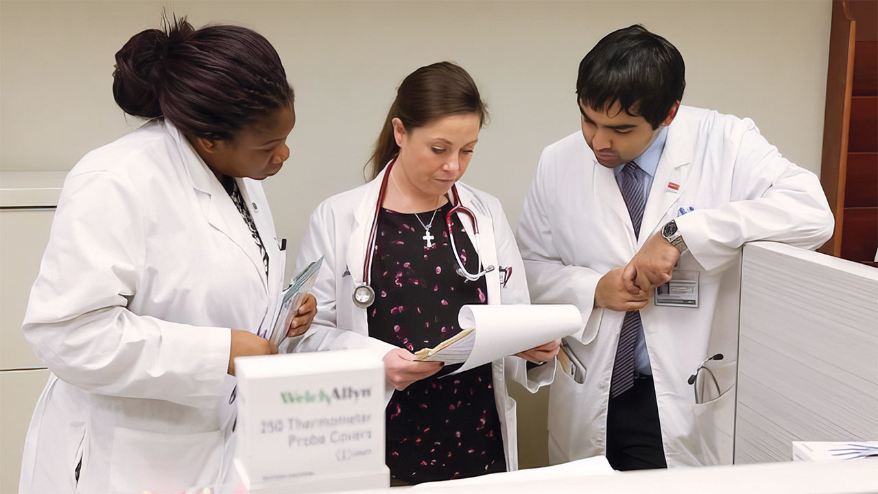 UT Southwestern students and physicians looking at a clipboard'.