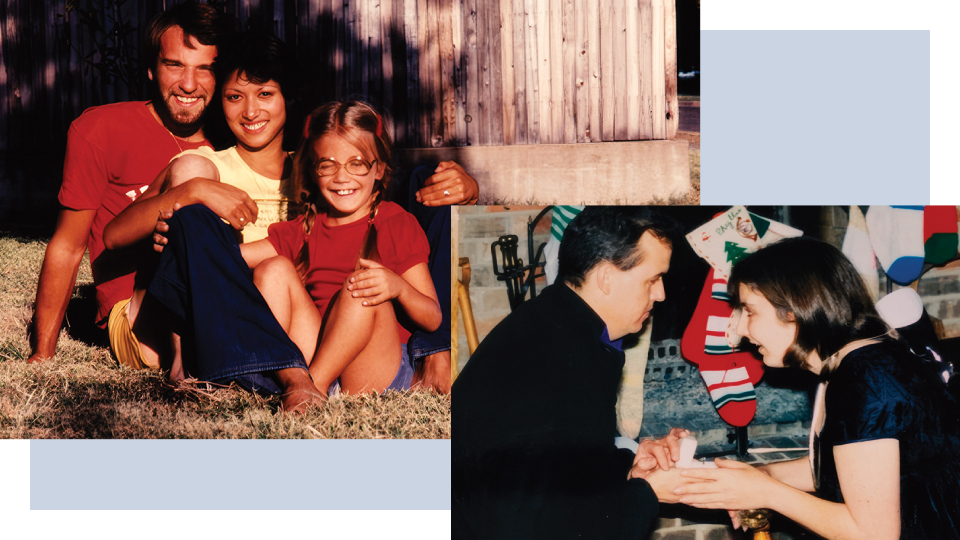 A family photo of John Reynolds, A-Lan Reynolds, and Janel Reynolds Brack sitting in a yard on the left and a photo of JB Brack proposing to Janel on the right.