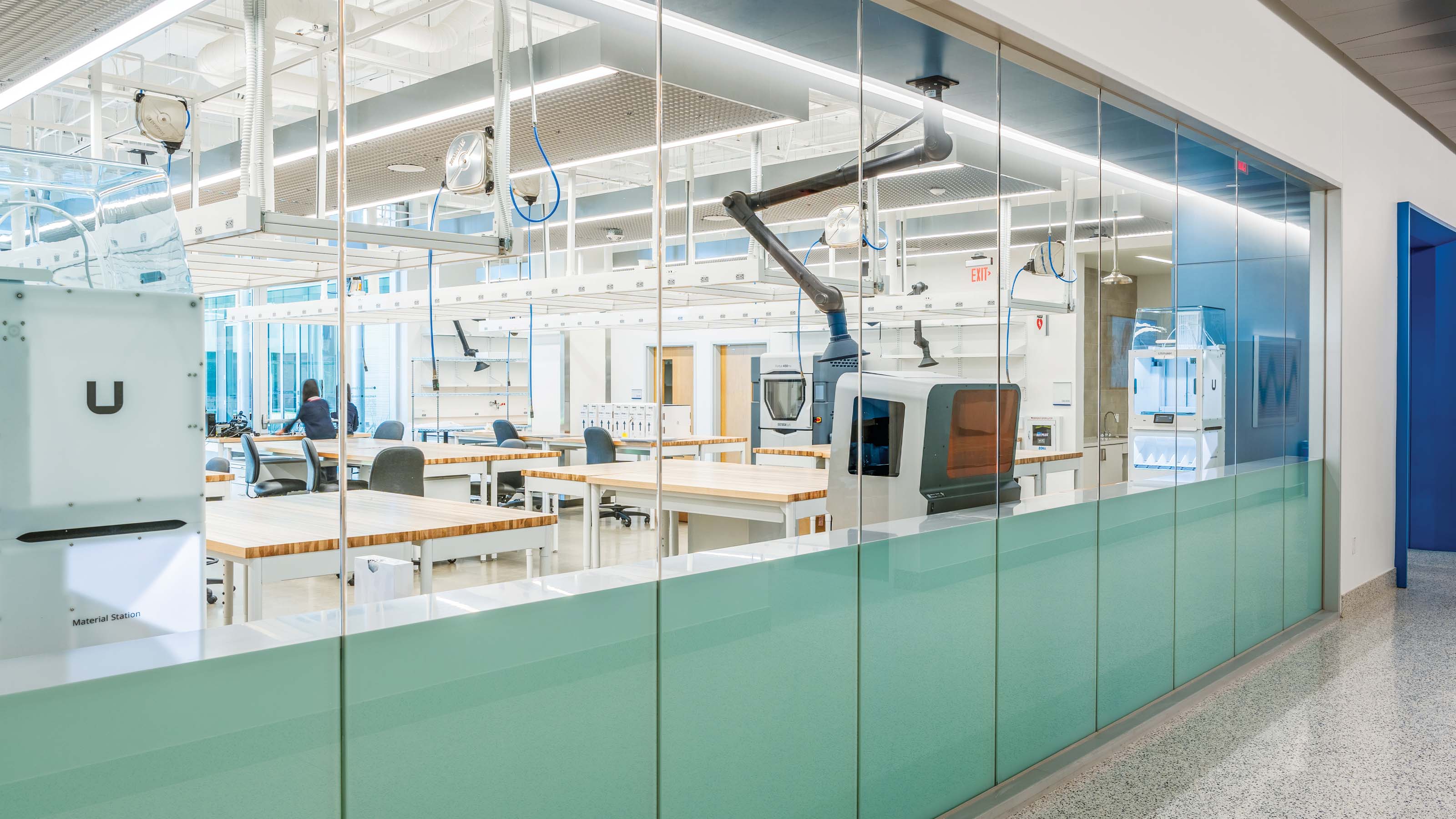 The Bioengineering Design Center with windows running along its length to provide visibility to passersby.