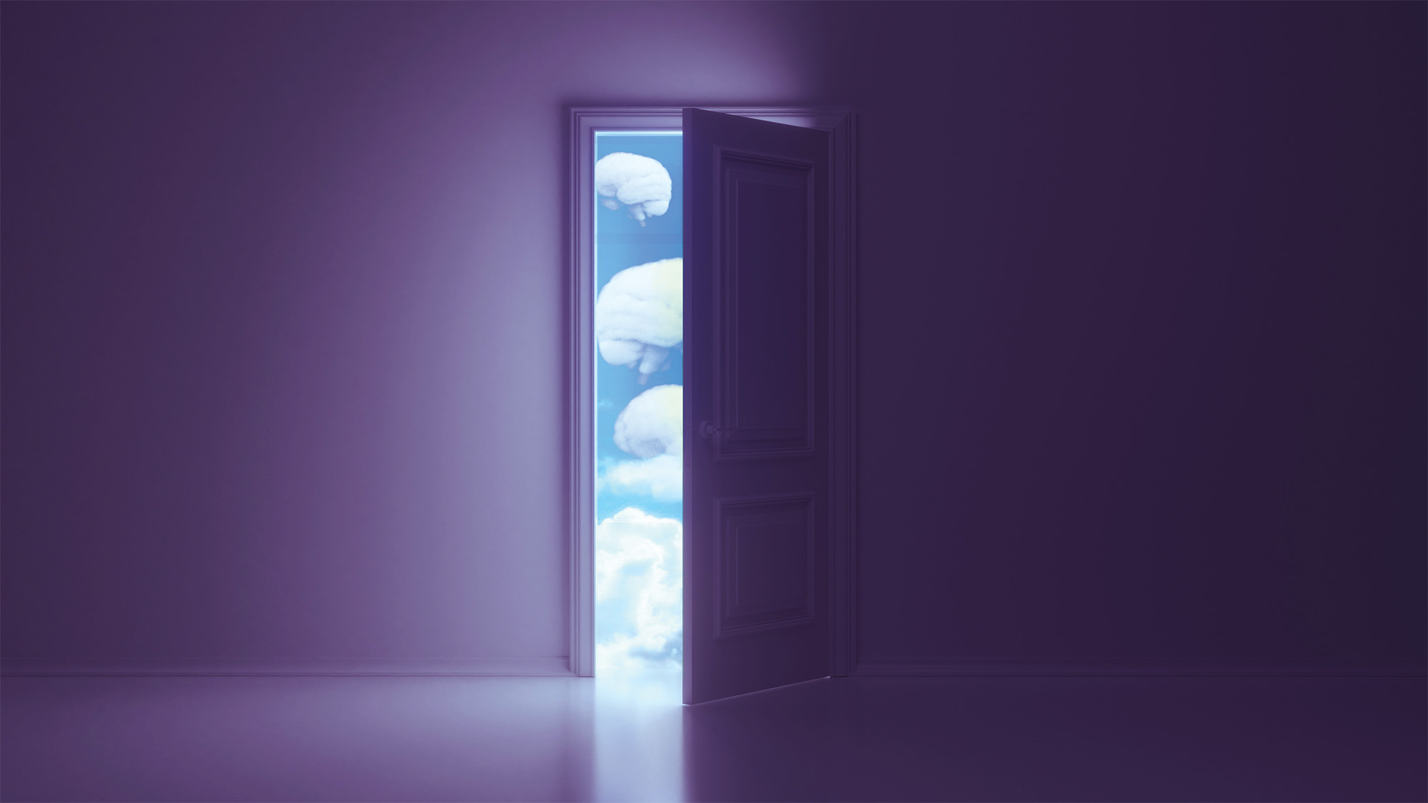 A purple wall and door slightly open. Inside the door is a blue sky with clouds that look like brains.