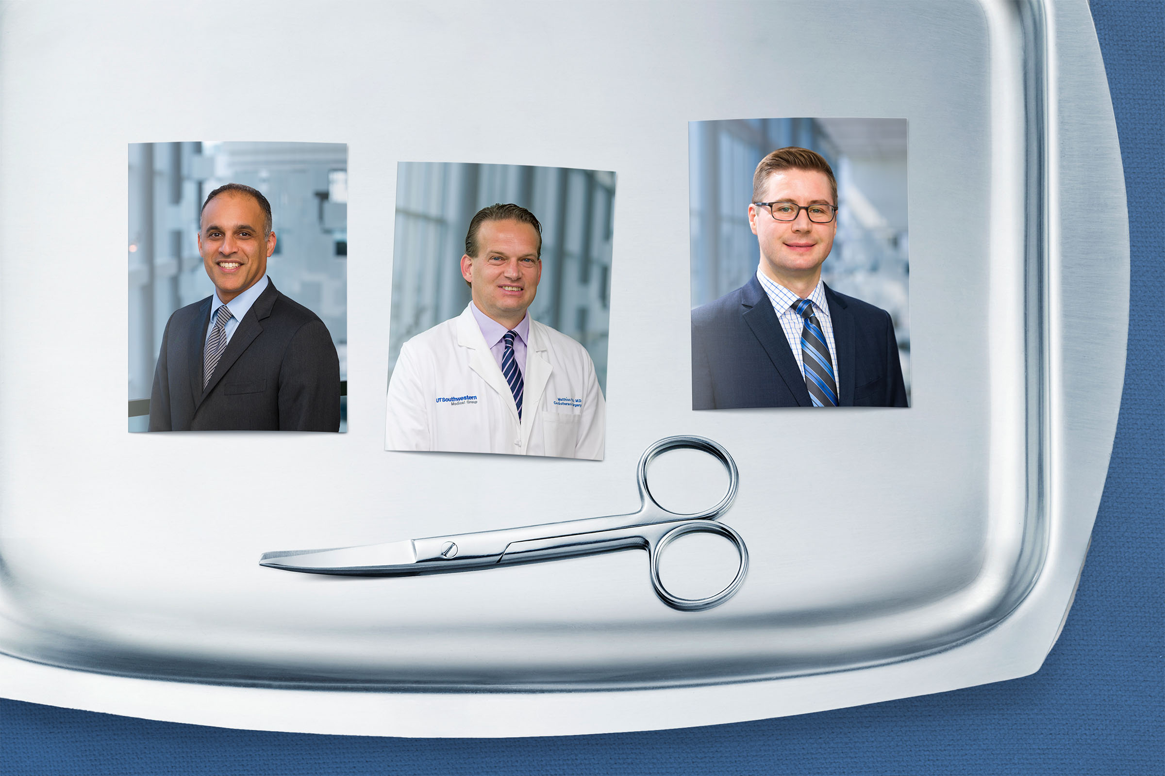 A photo of an instrument tray with photos of Parsia Vagefi, M.D., Matthias Peltz, M.D., and David Wojciechowski, D.O. Beneath the photos are a pair of dissecting scissors.