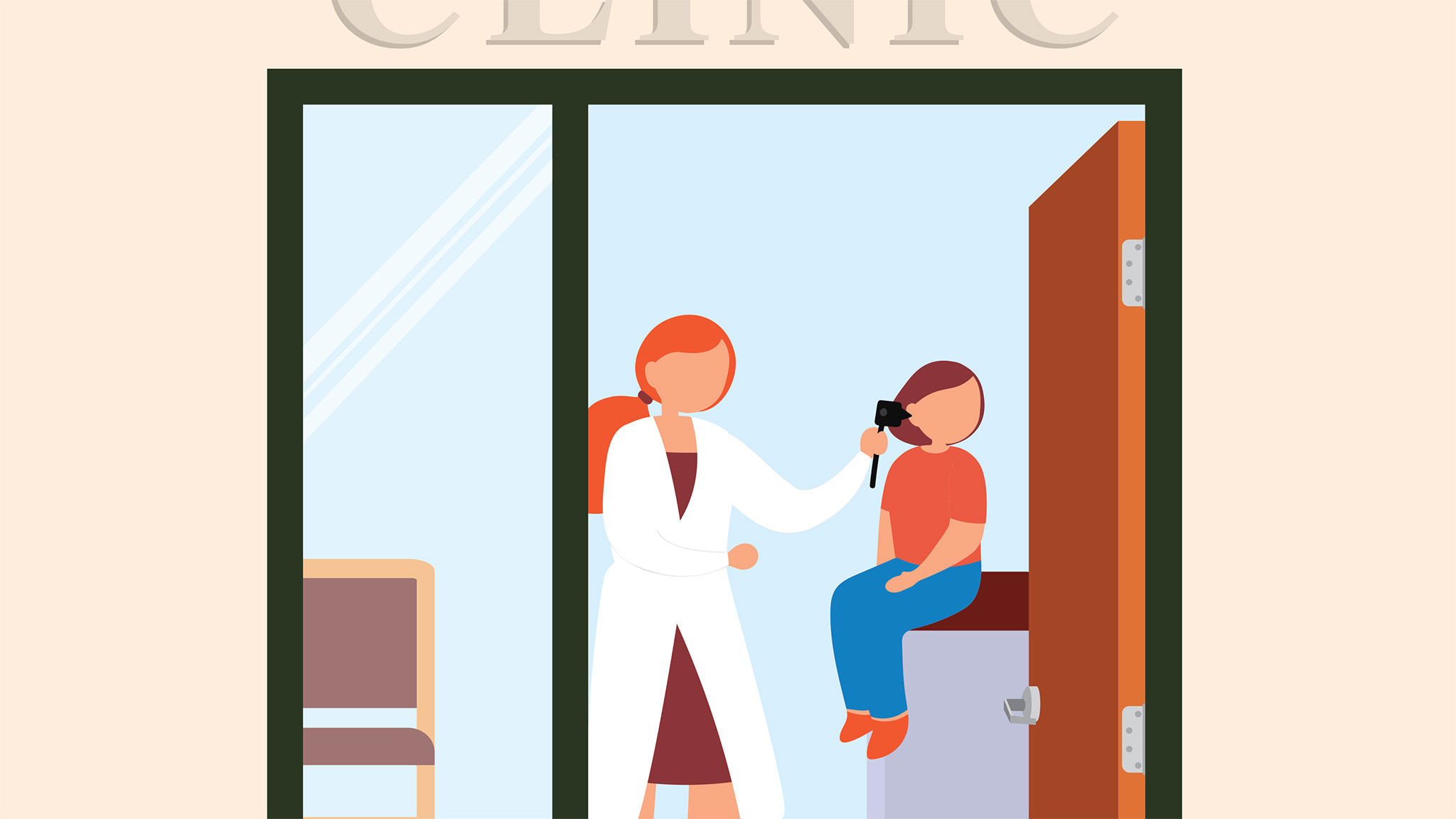 An illustration of a doctor inspecting the ear of a child in a clinic room.