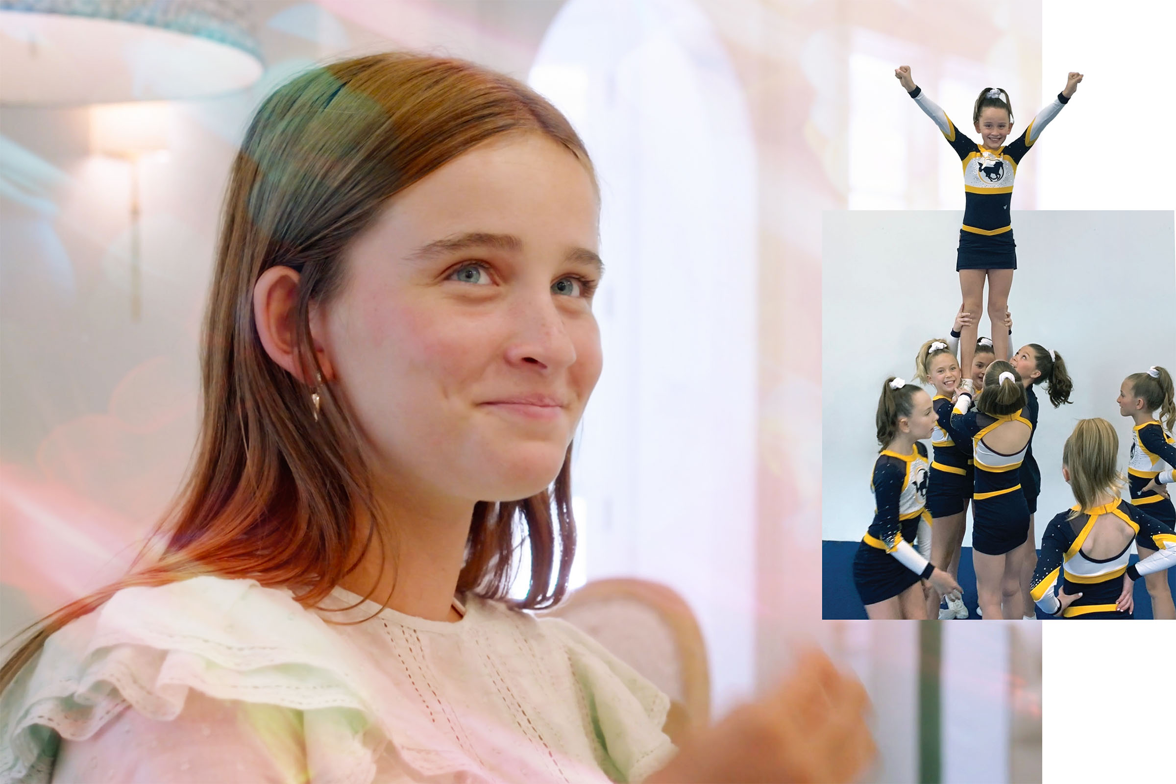 Grace Egan smiling next to a small photo of her and her cheer team doing a drill.