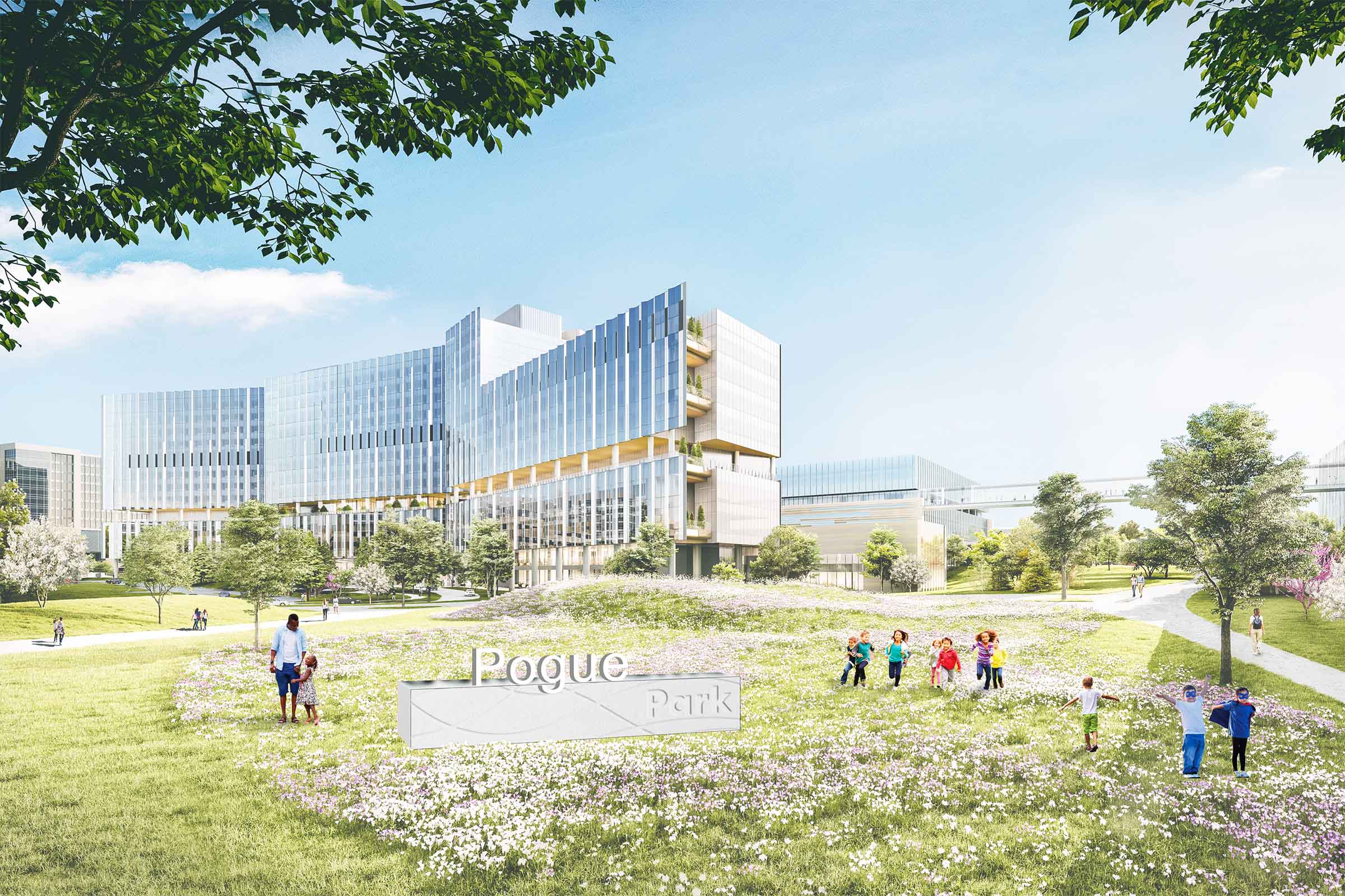 An artist's rendering of the new pediatric campus envisions Pogue Park in the foreground.