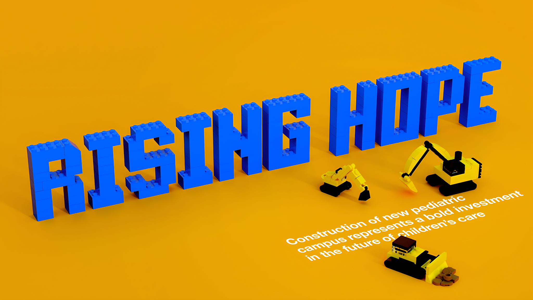 'RISING HOPE' text built in blue legos.