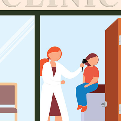 An illustration of a doctor inspecting the ear of a child in a clinic room.