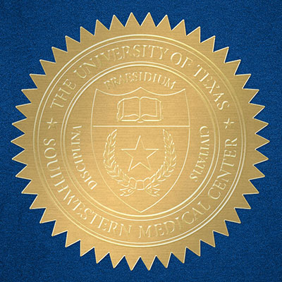 A graphic of a gold stamp with the words 'UNIVERSITY OF TEXAS SOUTHWESTERN MEDICAL CENTER | DISCIPLINA PRAESIDIUM CIVITATIS'.