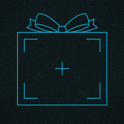 An illustration of blue outline of a gift box with a target in the middle set against a dark background.