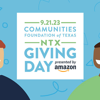 A graphic of two people with a sign in between them that says '9.21.23 | COMMUNITIES FOUNDATION OF TEXAS | NTX | GIVING DAY | presented by Amazon'.