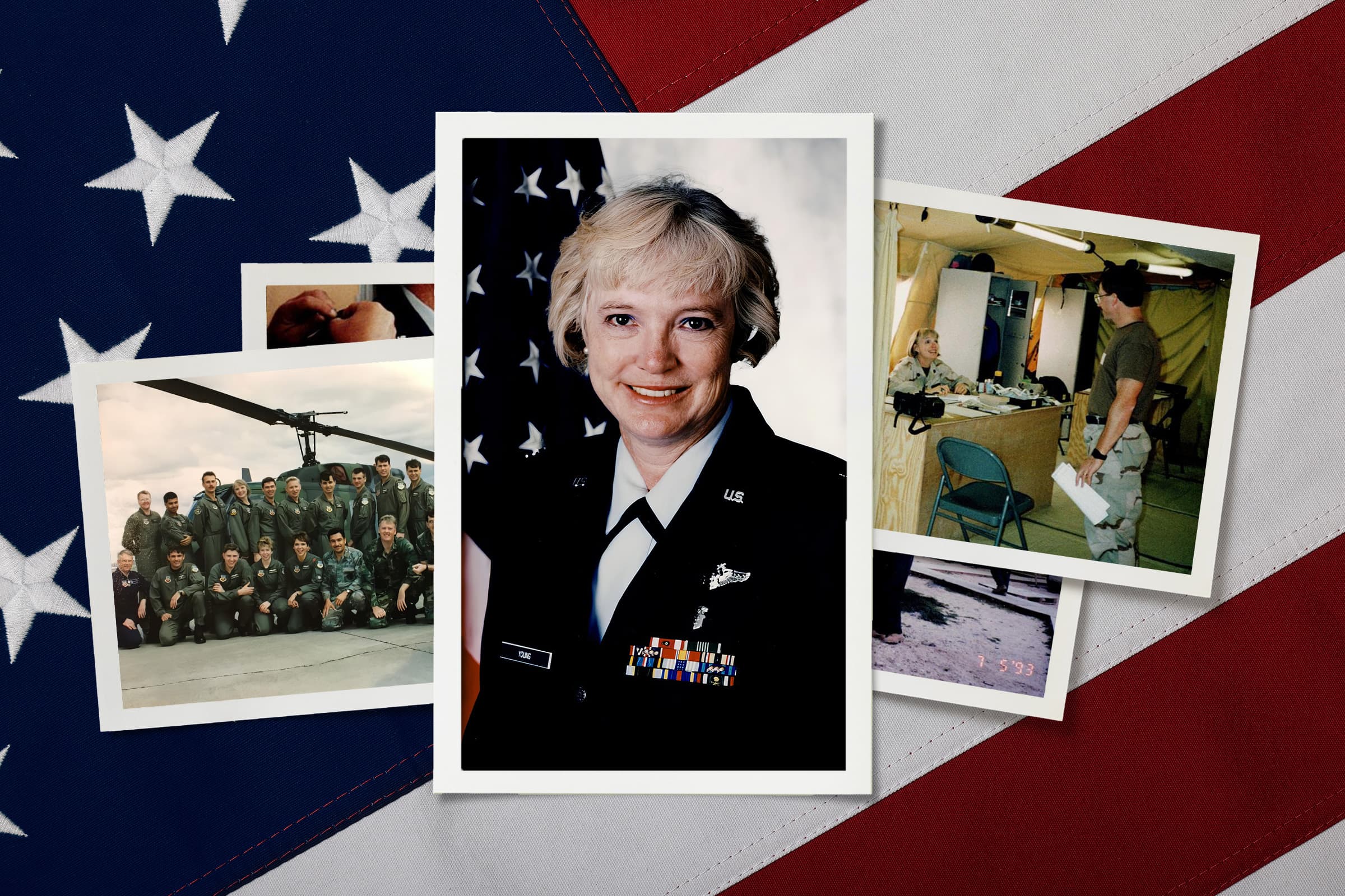 A portrait of Gladys Young surrounded by photos of her in a rescue team and her stationed in Egypt. Behind her photos is the American Flag.