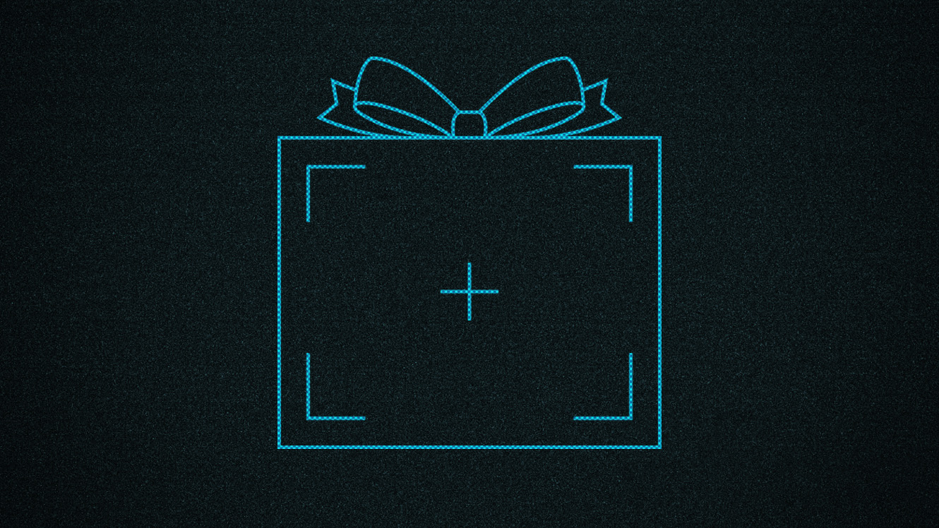 An illustration of blue outline of a gift box with a target in the middle set against a dark background.