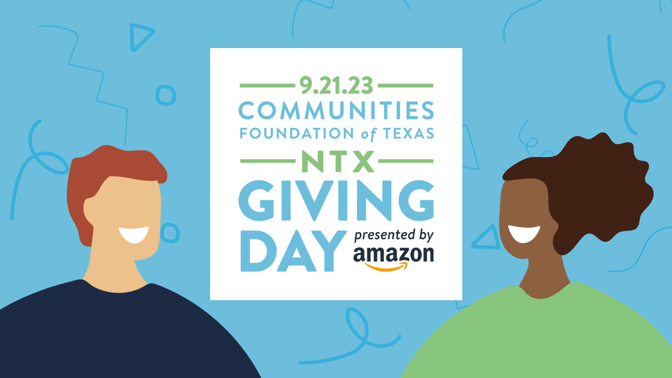 A illustration of two people with a sign in between them that reads '9.21.23 | COMMUNITIES FOUNDATION OF TEXAS | NTX | GIVING DAY | presented by Amazon'.