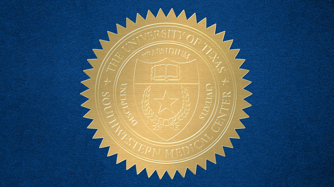 A blue background with a gold seal in the middle with the text 'THE UNIVERSITY OF TEXAS SOUTHWESTERN MEDICAL CENTER | DISCIPLINA PRAESIDIUM CIVITATIS.