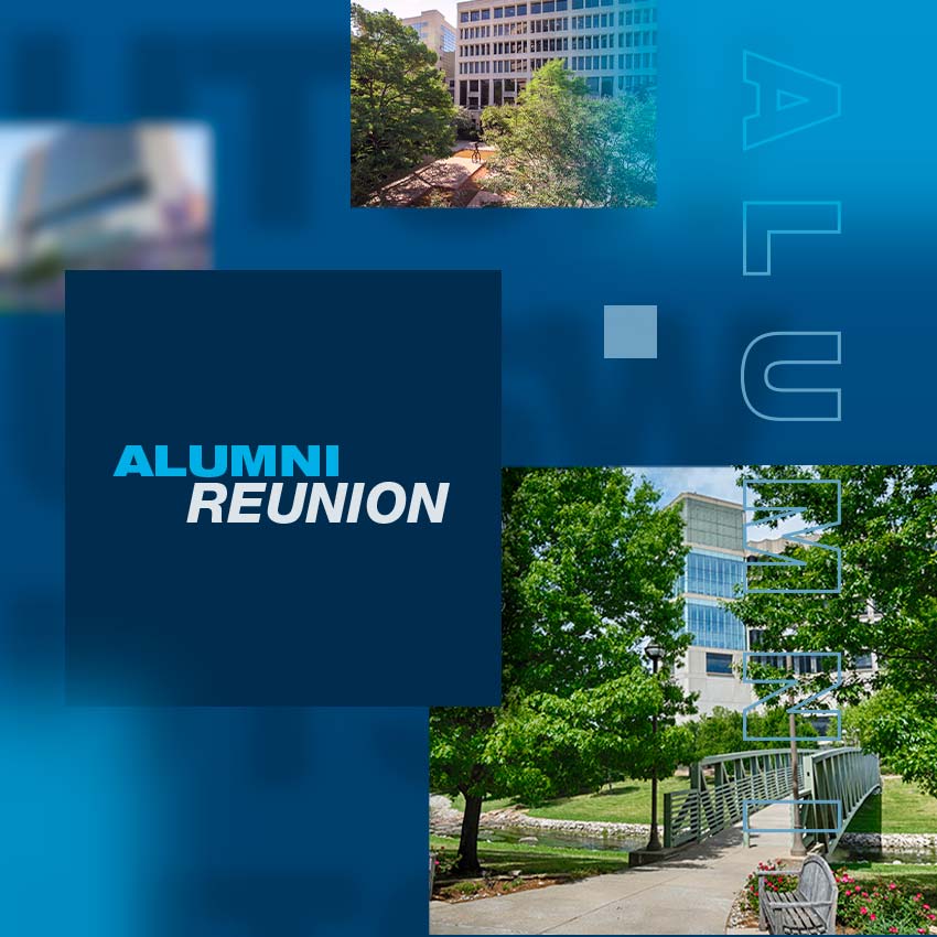 Alumni Reunion graphic depicting layers of blue squares and photos of UT Southwestern's campus.
